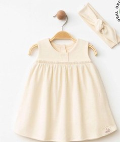 Resim Zekids Kız Bebek Organik Pamuklu Bandanalı Kolsuz Elbise-15906 Krem 