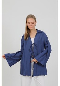 Resim Doğal Viskon Kumaş Cepli Bağcıklı Kadın Kimono 1167 Hafif, Dökümlü, Akışkan, Yazlık Model İndigo 
