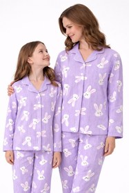 Resim Free Beka Lila Çizgili Ve Tavşan Desenli Uzun Kollu Önden Düğmeli Gömlek Yaka Anne Kız Pijama Takımı Kombin 