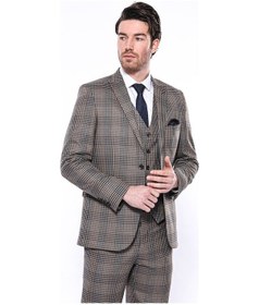 Resim Kare Desenli Slim Fit Kahverengi Erkek Ceket 001 