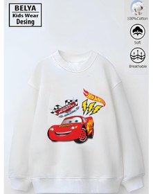 Resim Belyakidswear Trend Çocuk Model Tam Kalıp Oversize Şimşek Mcqueen Tasarım 3 İplik Pamuğa Pamuk Kumaş Beyaz 