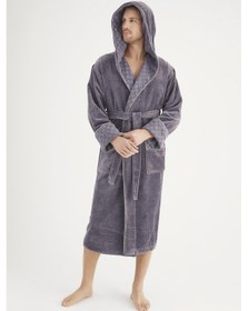 Resim Yaka Jakarlı %100 Cotton Erkek Bornozu Gri 