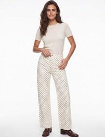 Resim Onloox Kadın Ekru-bej Ekru Bej Pamuklu Yüksek Bel Bol Paça Cepli Puantiye Desenli Denim Jeans Pantolon 