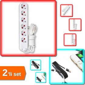 Resim Hereveoyuncak Örgü Şeklinde Renkli Çelik Şarj Data Kablosu - Siyah + 3 Mt. Kablolu 6'lı Topraklı Grup Priz ABC456 