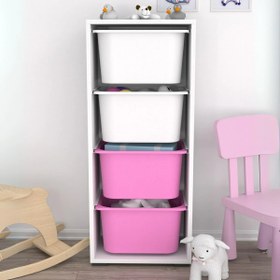 Resim Cara 4 Derin Sepetli Çok Amaçlı Oyuncak Dolabı Pembe Beyaz 