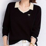 Resim Hardal Sarısı & Beyaz Kontrastlı Günlük V-Yaka Kazak - Kaburga Detaylı Bol Kesim Uzun Kollu Üst, Her Mevsime Uygun Katmanlama Esansiyeli Kadınlar İçin Çok Yönlü Moda, V-yaka Tasarımı, Kaliteli Kumaş 