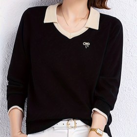 Resim Hardal Sarısı & Beyaz Kontrastlı Günlük V-Yaka Kazak - Kaburga Detaylı Bol Kesim Uzun Kollu Üst, Her Mevsime Uygun Katmanlama Esansiyeli Kadınlar İçin Çok Yönlü Moda, V-yaka Tasarımı, Kaliteli Kumaş 