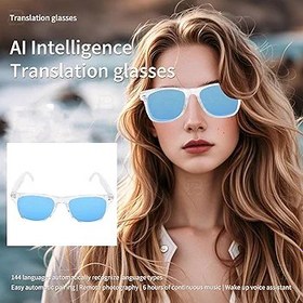 Resim AI Akıllı Gözlükler, Kablosuz Bluetooth Gerçek Zamanlı Çeviri Gözlükleri, IP65 su Geçirmez Ve Mavi ışık Için Lensli Ses akıllı Gözlük, 144 Dilin (Beyaz çerçeveli mavi lens) 
