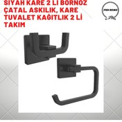 Resim FNDHOME Siyah Kare Bornoz Çatal Askılık, Kare Tuvalet Kağıtlık 2 Li Set 