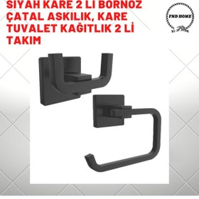 Resim FNDHOME Siyah Kare Bornoz Çatal Askılık, Kare Tuvalet Kağıtlık 2 Li Set 