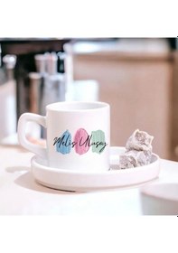Resim Kişiye Özel Renkli Fırça Desenli Türk Kahvesi Fincanı İsim Yazılı Seramik Fincan Beyaz 
