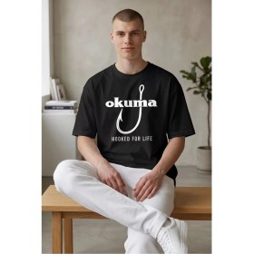 Resim Etifa Tekstil Etifa Oversize Balıkçı Tişörtü Okuma Hooked For Life %100 Pamuk Premium Siyah Unisex 