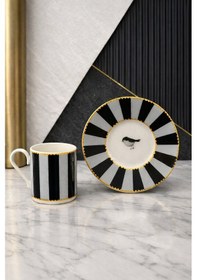 Resim 2 Kişilik Porselen Yaldızlı Lovely Birds Özel Tasarım Kuşlu Kahve Fincan Takımı Seti 90ml Siyah 