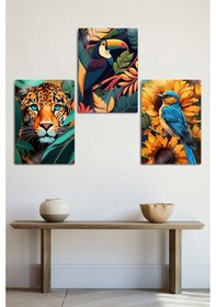 Resim Metal Tablo 3'lü Set, Doğal Hayvanlar, Kuş, Kaplan, Papağan, Egzotik Dekoratif 