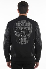 Resim Deep Sea DeepSEA Siyah Dar Kesim Erkek Suni Deri Ceket Mont - Kolej Yaka Taş İşlemeli Sırt Desenli 2600562 
