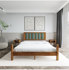 Resim Orion Model Çağla Yeşili Puflu Başlıklı Ceviz Renk Çam Ahşap Karyola Ve İki Komodin Set-245 200 x 200 CM 