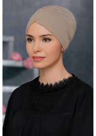 Resim Hürrem Bone Bej Pratik Hazır Geçmeli Tesettür Bone Sandy Kumaş Taçlı Büzgülü (545490270) Bej 