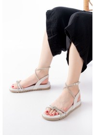 Resim 1001-1120 Beyaz Gümüş Taşlı Günlük Kadın Sandalet Altın - Taba 