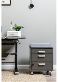 Resim Creo Mobili Çekmeceli Kilitli Tekerlekli Vega Keson, Oturulabilir Ofis Ve Ev Komodini, Ekru/mavi 