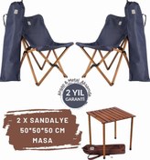 Resim Ahşap Katlanır Masa Sandalye Seti Kahverengi Iskelet Lacivert Kılıf–50x50x50 Kahve Masa Bag The Joy