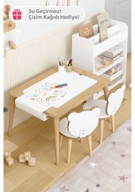 Resim Ahşap Oyun Aktivite Masası 2 Sandalyeli Suya Karşı Dayanıklı Çocuk Masası Masa + 2 Adet Panda Sandalye Çok Renkli 
