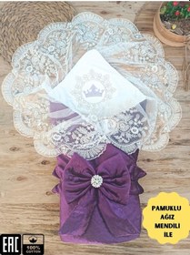 Resim Kadife Kız Bebek Battaniyesi Dantelli Kundak Hastane Çıkışı Yenidoğan %100 Doğal Pamuktan Hediyelik Mor 