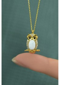 Resim Papatya Silver 925 Ayar Gümüş Gold Kaplama Beyaz Opal Taşlı Baykuş Kolye 