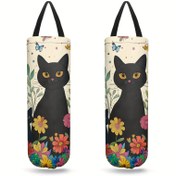 Resim 2 Adet Kedi Desenli Duvara Monte Plastik Torba Tutucu, Eğlenceli Çiçek Desenli Market & Çöp Torbası Düzenleyici Ev, Mutfak, Seyahat, Banyo İçin - Makinede Yıkanabilir, Polyester Malzeme 
