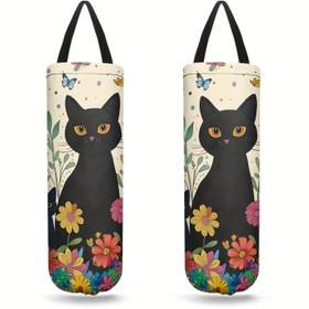 Resim 2 Adet Kedi Desenli Duvara Monte Plastik Torba Tutucu, Eğlenceli Çiçek Desenli Market & Çöp Torbası Düzenleyici Ev, Mutfak, Seyahat, Banyo İçin - Makinede Yıkanabilir, Polyester Malzeme 