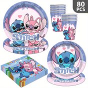 Resim 80 Parça Disney Stitch Temalı Lilo & Stitch Karakterli Doğum Günü Partisi Seti, Prenses Tek Kullanımlık Yemek Tabakları ve Bardaklar, Kamp ve Piknik İçin Uygun Kağıt Havlu Dahil 