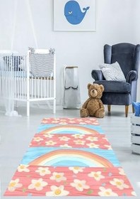Resim Pelangi Renkli Çiçekler Ve Gökkuşağı Yıkanabilir Kaymaz Taban Leke Tutmaz Çocuk Odası Halısı, Mavi-Pembe 60 x 200 