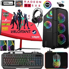 Resim XSR447 Ryzen 5 5600 23.8" 16 GB RAM 256 GB M.2 NVMe SSD 8 GB RX580 Ekran Kartı Curved FreeDOS Oyun Bilgisayarı 