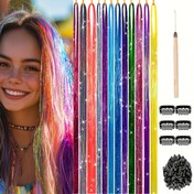 Resim 12 Parça Saç Tinsel Seti Isıya Dayanıklı 48/36 inç Parlayan 12 Renk Glitter Peri Saç Tinsel İplikleri Vurgular Saç Parçaları Sentetik İpek Kombin Tinsel Kadınlar Kızlar Parti Paskalya için 