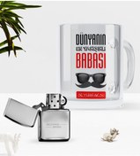 Resim Bk Gift Kişiye Özel Dünyanın En Yakışıklı Babası Cam Kupa Bardak Benzinli Metal Çakmak Seti-2 