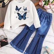 Resim Kızlar için kelebek desenli yuvarlak yakalı sıcak sweatshirt ve yapay denim paça pantolon, yeni ilkbahar ve sonbahar stilleri, günlük kullanım, eğlence, okul ve boş zamanlar için uygun 