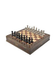 Resim Gifthome Premium Black Metal Klasik Satranç Takımı Ve El İmali Masif Ahşap Sandıklı Gül Tahtası 38x38x6 Cm. 