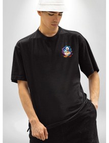 Resim Sevimli Bebek Ejderha Elmas Yumurta Siyah Oversize Unisex Ön Sol Yan Minimal Baskılı Tişört Koyu Siyah 