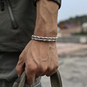Resim Erkekler için Vintage Esinlenmiş Çift Katmanlı Bambu Manşet Bileklik - El Yapımı, Ayarlanabilir Açık Bilezik, Antika Gümüş Renkli, Dokulu Detaylı, Çinko Alaşımlı 