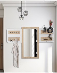 Resim Elbise Askısı / Aynalı Askı / Dekoratif Askılık / Portmanto /duvar Askılık / Flora Dafne Beyaz - Meşe 