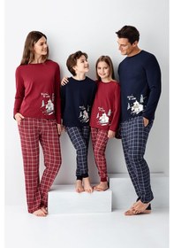Resim Arnetta Erkek Çocuk Aile %100 Pamuk 4 Mevsim Uzun Kollu Ekoseli Pijama Takım Lacıvert 