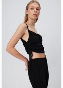Resim YANLARI BÜZGÜLÜ ASKILI CROP Siyah 