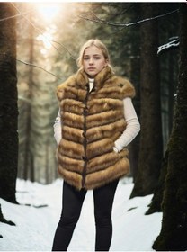 Resim Kadın Kolsuz Hakiki Kürk - Kahve Çok Renkli 