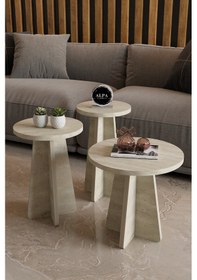 Resim Alpa Ev Mobilya 3 Lü Mantar Zigon Sehpa Seti Modern Yuvarlak Tasarım, Dekoratif İskandinav Stil Traverten 