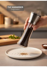 Resim Lüks Çelik Kapaklı Cam Tuz Ve Karabiber Değirmeni 19 Cm Modern Baharat Öğütücü Şeffaf 