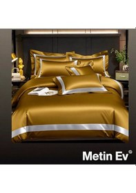 Resim %100 Pamuk Saten 6 Parça Tek Kişilik Premium Nevresim Takımı Altın 