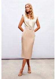 Resim Sateen Kemerli Kalem Etek - Bej-132463 Bej 