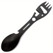 Resim Çok Fonksiyonlu Kamp Çatalı, Şişe Açacağı, Anahtar ve Diğer Fonksiyonlara Sahip Paslanmaz Çelik Çorba Kaşığı, Açık Hava Yürüyüşü ve Seyahat için Uygun 