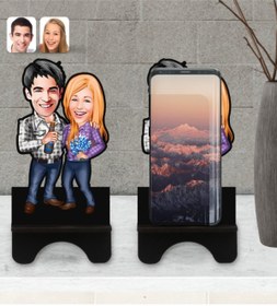 Resim Bk Gift Kişiye Özel Sevgililer Karikatürlü Ahşap Biblo Telefon Standı-50 