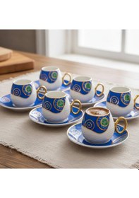 Resim Evil Eye Nazar Boncuğu Desenli 6 Kişilik Porselen Fincan Takımı Mavi - Beyaz 