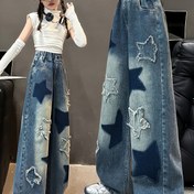 Resim 1 Çift Kız Çocukları için Y2K Retro Hasarlı Kot Pantolon, Yüksek Bel Esnek Uyumlu, Rahat Polyester Karışımı, Uzun Düz Bacak, Gençler için Günlük Sokak Giyimi, Okul, Tatil ve Dış Mekan Aktiviteleri için Mükemmel 
